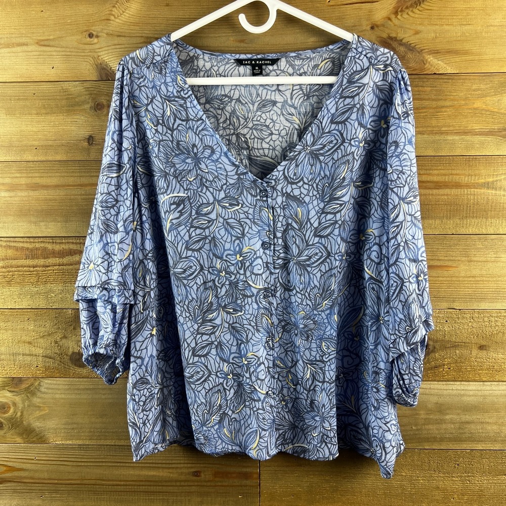 Zac & Rachel Womens Shirt 3/4 Tiered Sleeve Vneck Button Up Floral Blue Boho XL - Picture 1 of 7
